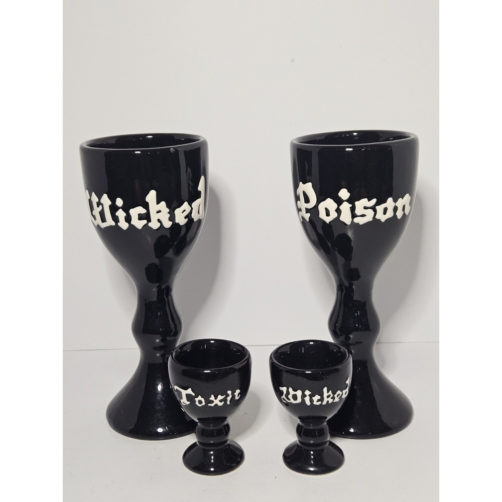 Halloween Ceramic Goblet Shot Glass Set Black Wicked Poison Toxic Spooky 4pc